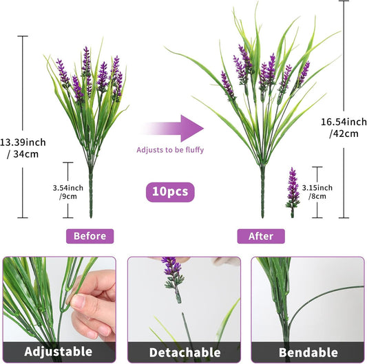 Artificial Flowers for Outdoor Planter Indoor Decor Fake Lavender Flowers UV Resistant Faux Grass Plants for Porch Decor Planter Filler Faux Greenery for Patio Garden Pathway, 10 Bundles (Purple)