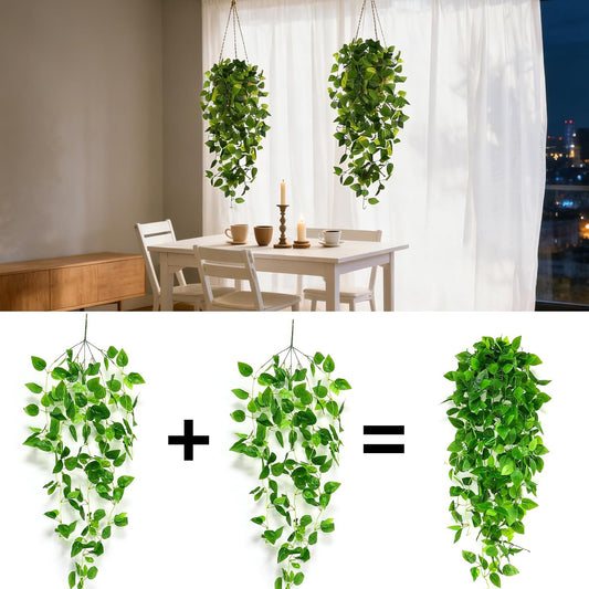 Fake Hanging Plants 2pcs Artificial Hanging Plant for Indoor Outdoor Faux Pothos Vines Greenery Garlands for Wall Home Aesthetic Patio Kitchen Living Room Farmhouse Shelf Office Decor (No Baskets)