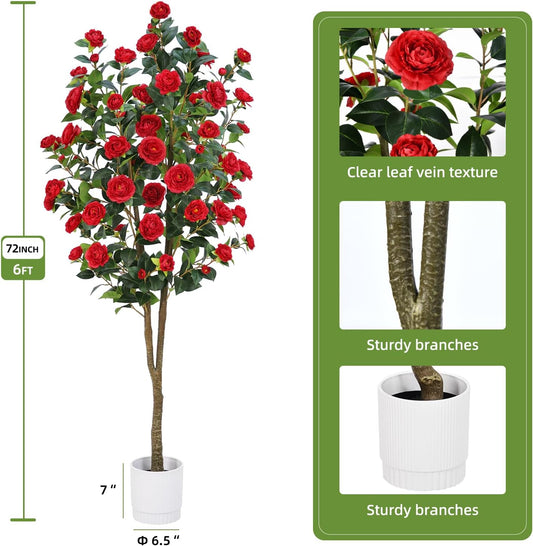 Artificial Camellia Tree 6FT– Faux Plants Indoor, with Easy Assembly, Low Maintenance, Ideal for Both Indoor Decoration and Other Purposes,Perfect Porch Christmas Trees (White 6ft)