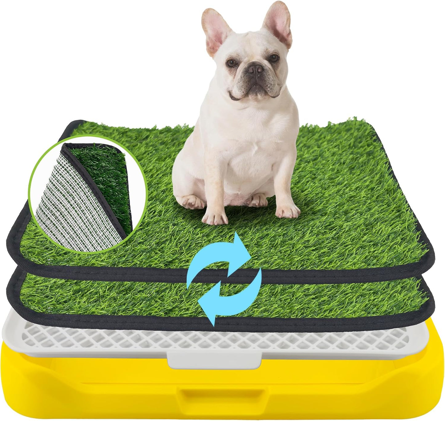 2Pack 18"x14" Artificial Dog Grass Potty Pad with Tray Rubber Backing | Yellow Reusable Washable Pee Pad Holder, Portable Non-Slip Training Litter Box for Small Dogs Indoor Potty Training