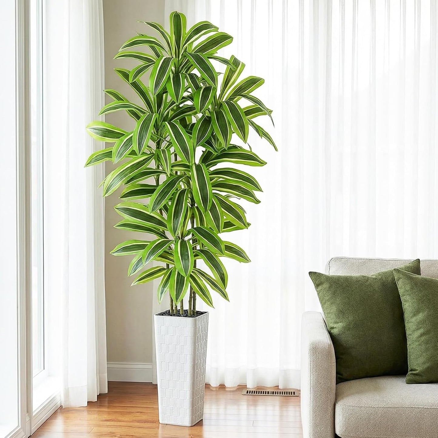 Artificial Dracaena Tree - 5FT Tall Fake Plants with White Tall Planter - Artificial Plants Indoor Floor Plant in Pot - Large Tropical Fake Yucca Potted Tree for Home Office Living Room Decor