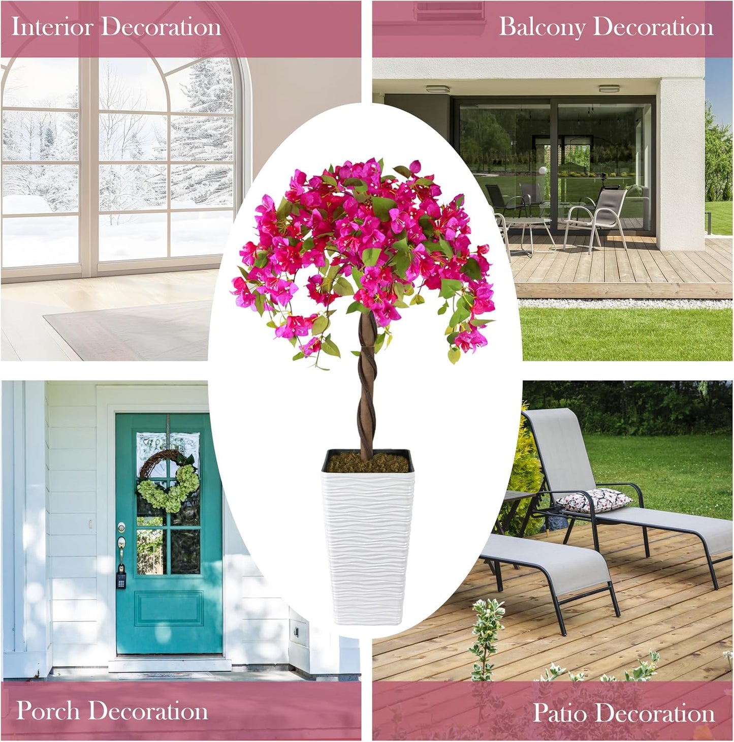 2PCS 4FT Artificial Bougainvillea Tree Fake Flower Tree with Pots | Bougainvillea Artificial Flowers Tree, Decorative Topiary Plant, Potted Faux Flower Tree for Home Porch Decor Indoor Outdoor
