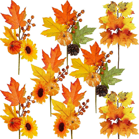 8 Pcs Fall Harvest Artificial Maple Leaf Stems Fall Picks and Sprays with Orange Pumpkins Sunflower Heads Pine Cones Berries 13" for Thanksgiving Autumn Wedding DIY Wreath Floral Arrangements