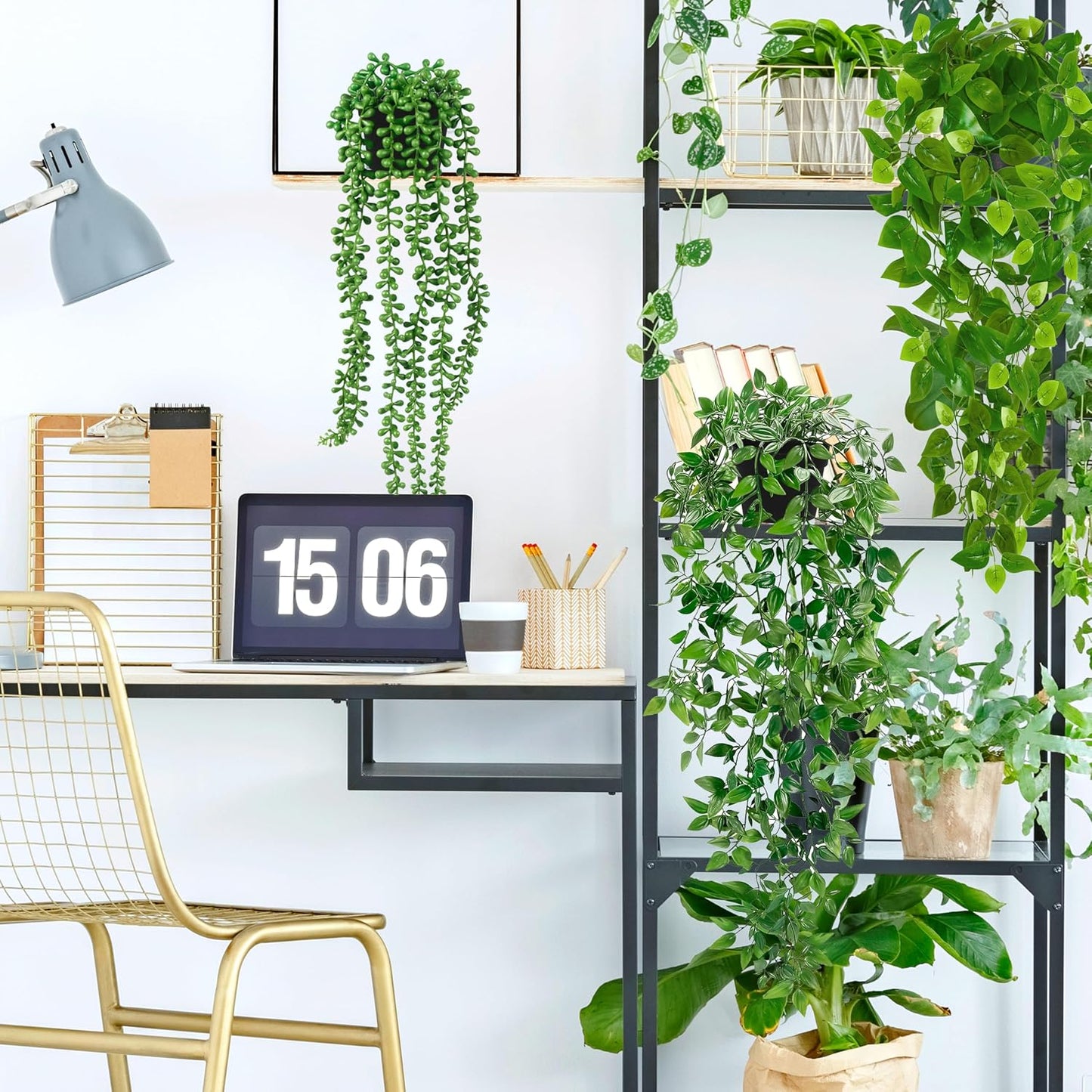 Artificial Hanging Plants for Shelf, 4 Pack Fake Potted Greenery Plant Faux Mandala Vine, String of Pearls, Ivy Vine,Persian Grass Fern in Pot for Desk Home Bathroom Farmhouse Room Table Decor