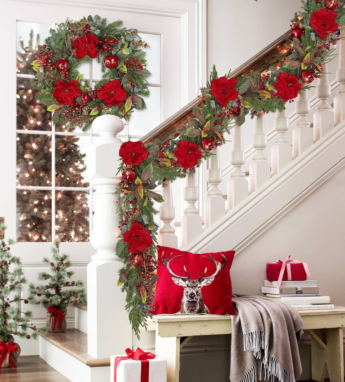 6ft Red Magnolia Christmas Garland with Pomegranate & Berries, Real Touch Artificial Holiday Pine Garlands for Winter Fireplace Mantle, Stairs, Front Door & Table, Doorway