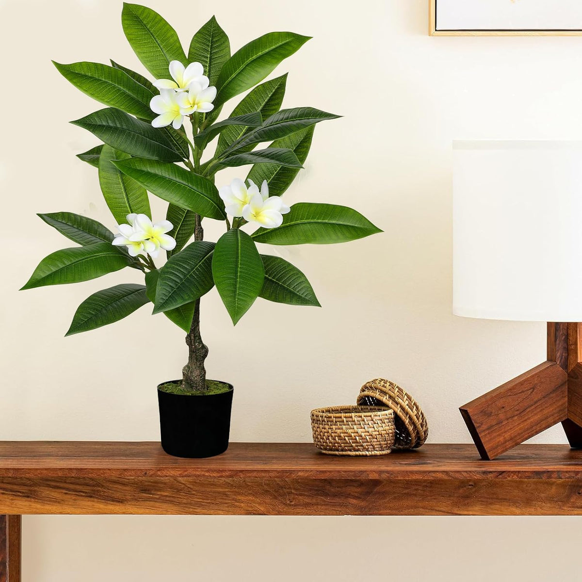 Artificial Plants Indoor 26.77'' Fake Tropical Plumeria Flowers Tree Plants in Black Pot, Hawaiian Yellow Plumeria Faux Frangipani Tree Floor Plant for Home Office Wedding Decor