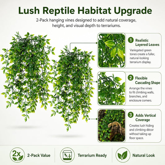 Reptile Plants, 2 Pieces Terrarium Snake Hanging Plants Vines Decor Artificial Leaves Tank Accessories for Bearded Dragon Crested Gecko Snake Chameleon