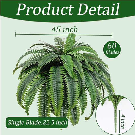 2pcs 48in 88 Blades Artificial Boston Ferns for Outdoors Large, UV Resistant Faux Outdoor Plants,Weatherproof Fake Ferns Plants Outdoor Indoor for Garden Porch Patio Home Decor