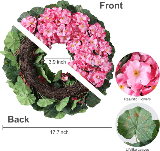Artificial Geraniums with Leaves Wreath for Front Door 17.7 Inch Realistic Spring Wreath Tropical Artificial Flowers Door Wreath for Home Decor, Porch, Window, Farmhouse Wall Decoration
