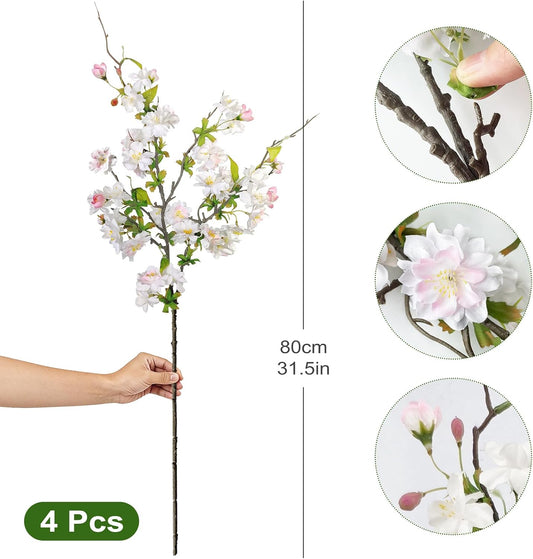 Artificial Cherry Blossom Branches 31.5'', 4 Pack Faux Spring Flowers for Tall Vase, Realistic Flower Stems for Home Decor, Wedding, Easter, Table Centerpiece and Party Decor (Pure White)