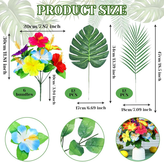 36 Pcs Hawaiian Flower Centerpieces for Tables with Artificial Hibiscus Flowers and Artificial Palm Leaves Hawaiian Party Decorations Fake Tropical Flowers for Wedding Birthday Supplies