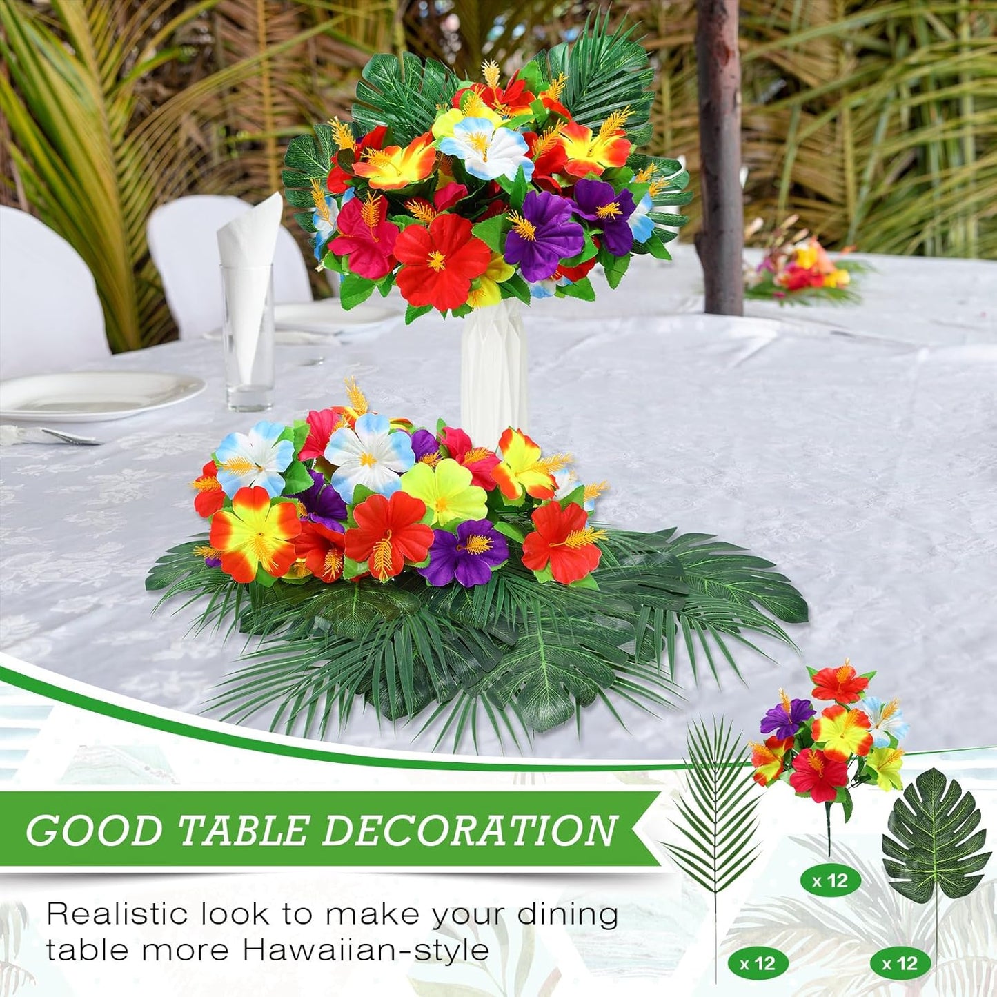 36 Pcs Hawaiian Flower Centerpieces for Tables with Artificial Hibiscus Flowers and Artificial Palm Leaves Hawaiian Party Decorations Fake Tropical Flowers for Wedding Birthday Supplies