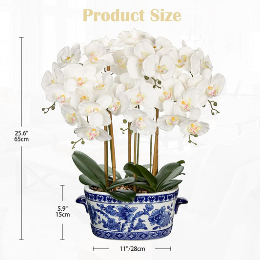 Orchid Artificial Flowers in Blue and White Porcelain Pot 19.7" White Faux Silk Orchid Arrangement Large Fake Orchid Floral Centerpiece for Elegant Home Office Living Room Kitchen Table Decor