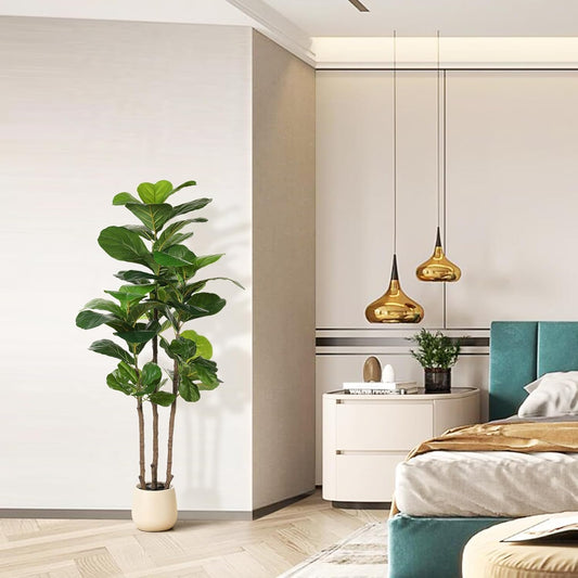 5ft Artificial Fiddle Leaf Fig Tree with White Planter | Faux Fiddle Leaf Fig Tree, Natural Trunk, Lifelike Leaves, Fake Fig Tree For Home Living Room Bedroom Offices Indoor Decor