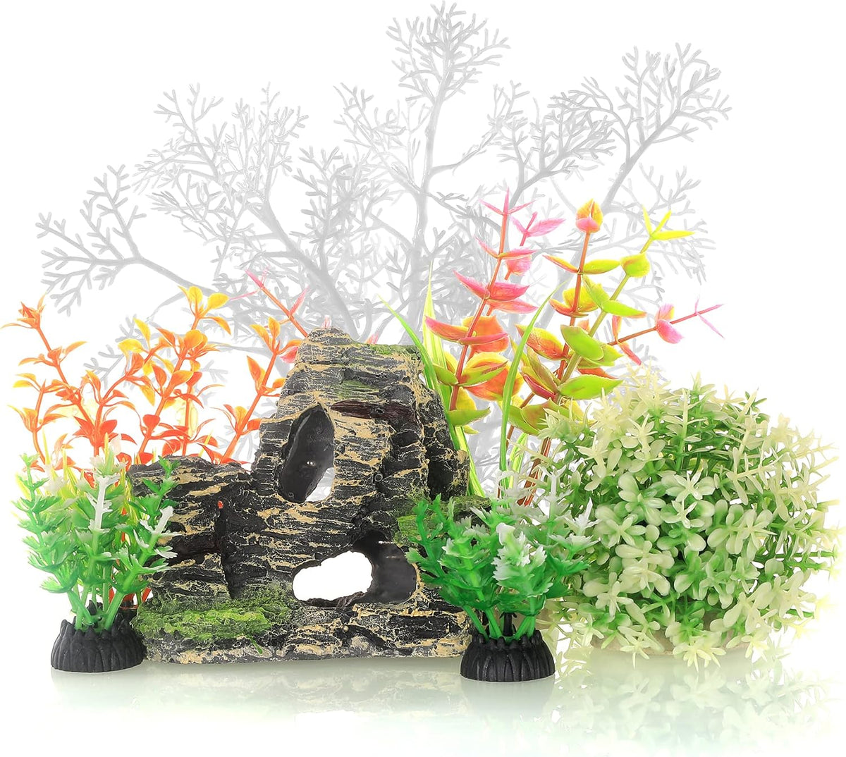 Aquarium Fish Tank Plastic Plants and Cave Rock Decorations Decor Set 7 Pieces, Small and Large Artificial Fish Tank Plants with Cave Rock