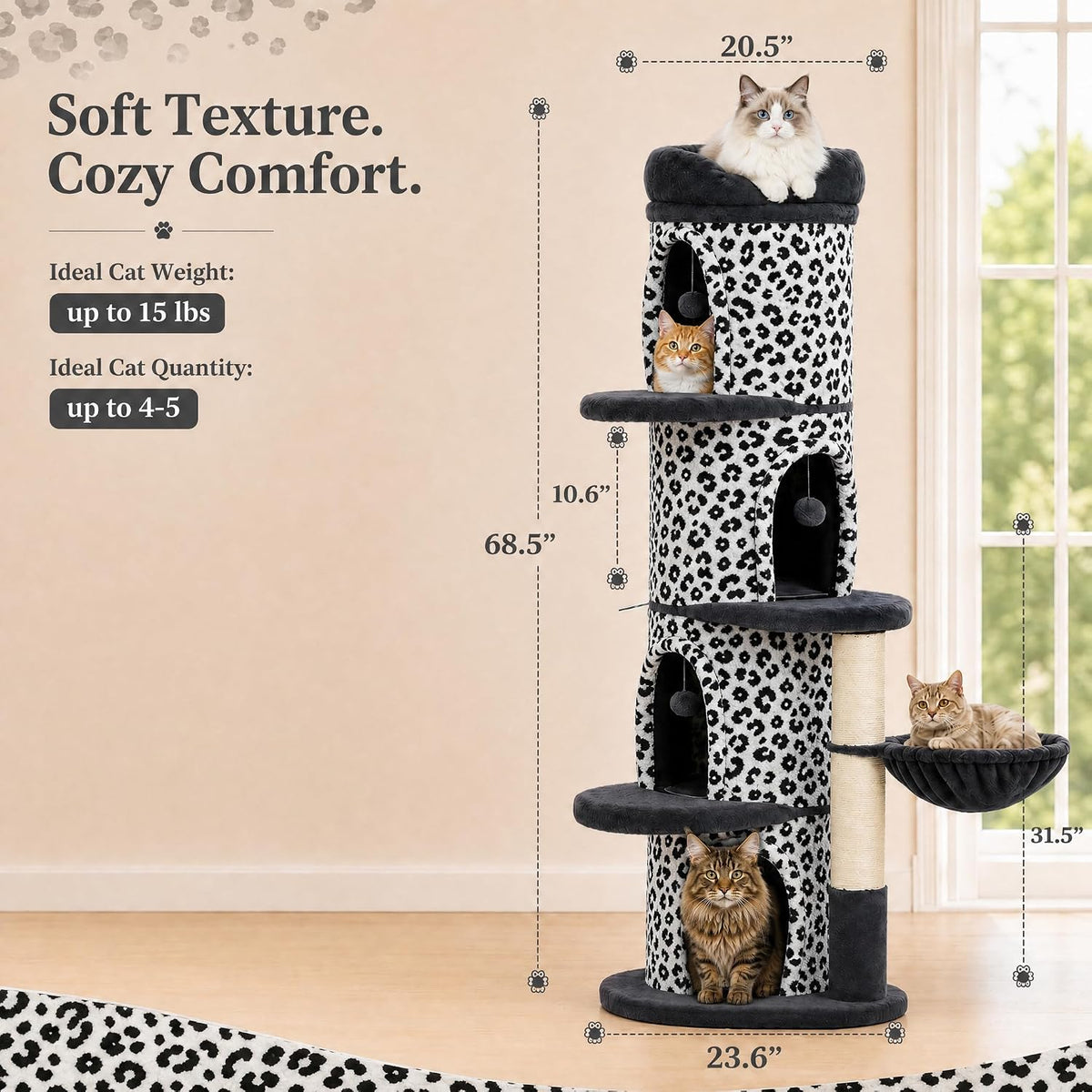 68.5" Forest Cat Tree Tower with 4 Condos & Flower Top Bed, Brown