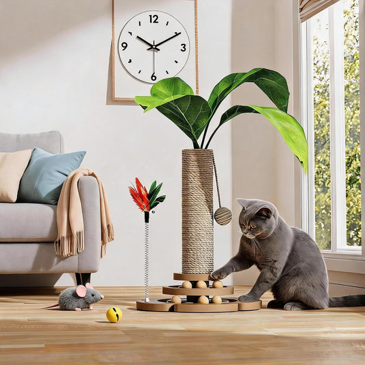 Areca Palm Cat Scratching Post Cat Scratcher Tower with 2-Layer Ball Tracks