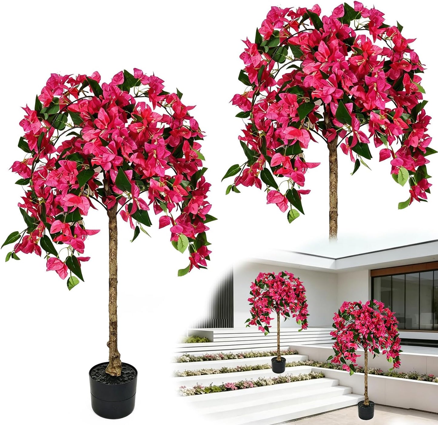 3.5FT Artificial Bougainvillea Topiary Tree with Planter, Potted Fake Silk Floral Flowers, Lifelike Faux Fuchsia Plants Bushes with Natural Wood Trunk for Home Garden Patio Indoor Outdoor Decor