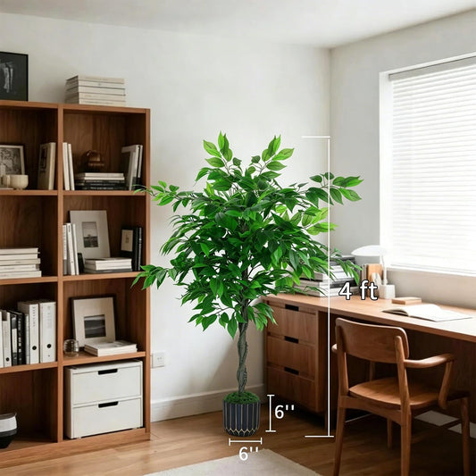 Artificial Ficus Tree 4FT Tall, Artificial Plants Indoor with Black Planter Faux Ficus Tree Realistic Faux Silk Plant for Home Office Living Room, Porch, Garden Decor
