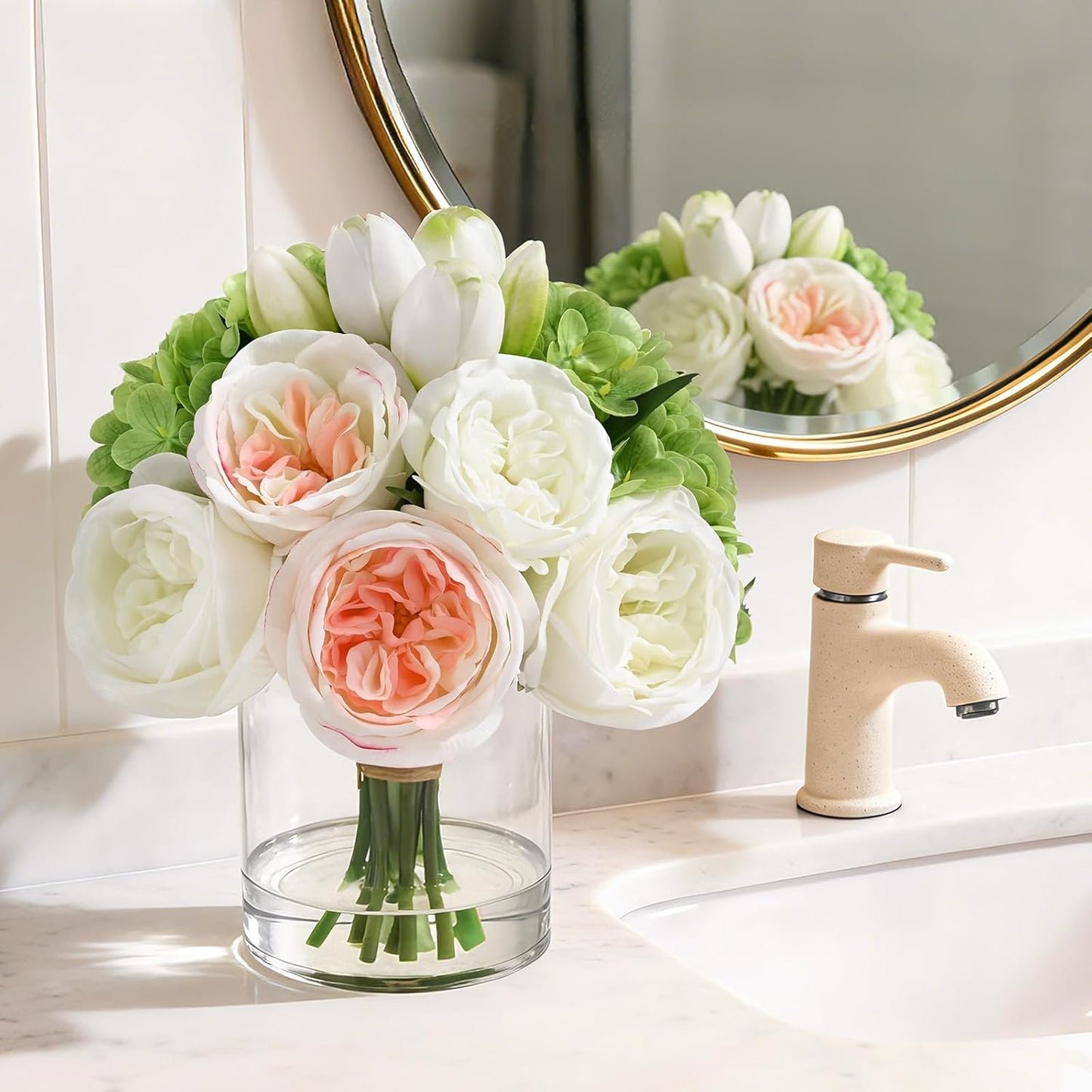 Fake Flowers in Vase - Real Touch Peonies Tulips Hydrangea Artificial Flowers with Vase, Large Faux Flowers with Lifelike Faux Water, Centerpiece Table Decorations for Coffee Table Decor