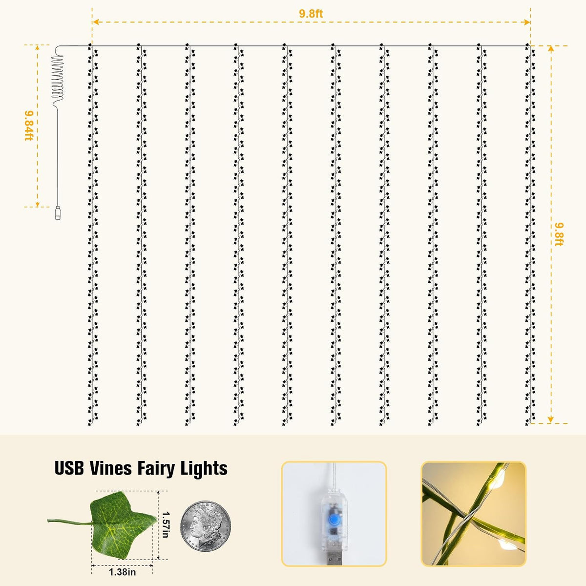 Vine Curtain Lights, 200 LED Vines with Fairy Lights for Bedroom