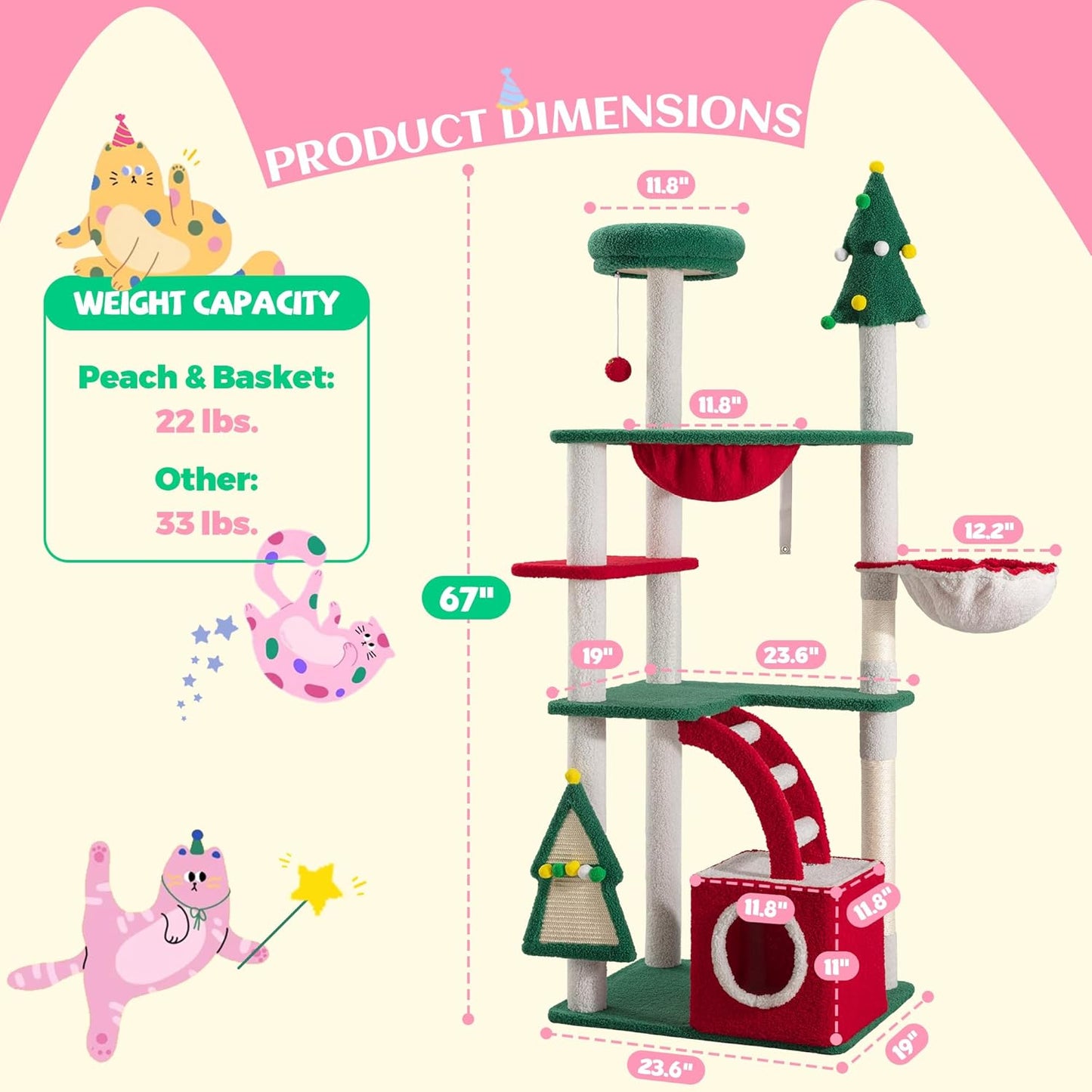 67in Tall Cat Tree/Climbing Tower with Top Perch, Hammock, Sisal Scratching Posts/Cute Condo for Indoor Kitties/Pet Feline House/Activity Center/Christmas Decor/Green & Red
