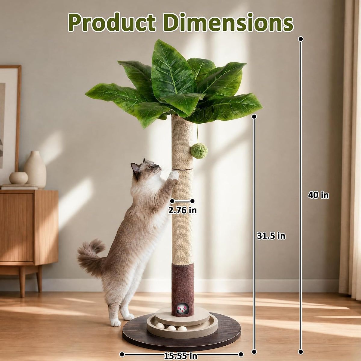 40" Cat Scratching Post, Natural Sisal Rope Cat Scratcher Tree