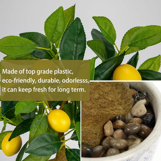 Artificial Potted Plants, 15.7 inches Small Fake Lemon Tree Artificial Lemons Citrus Tree with Blue and White Pot Faux Potted Plants Indoor Lemon Decorations for Home, Office, Living Room Table, Desk