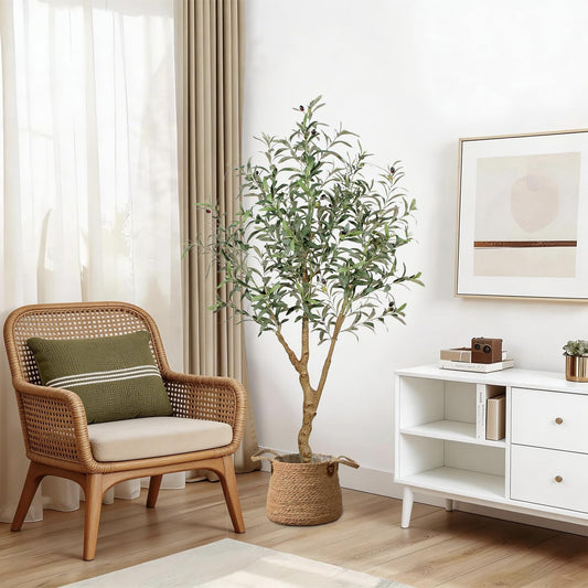 6FT Olive Trees Artificial Indoor - Realistic Artificial Olive Tree Indoor with White Planter, Large Full Fake Plants with Lifelike Fruits and Leaves for Modern Home Office Living Room Decor