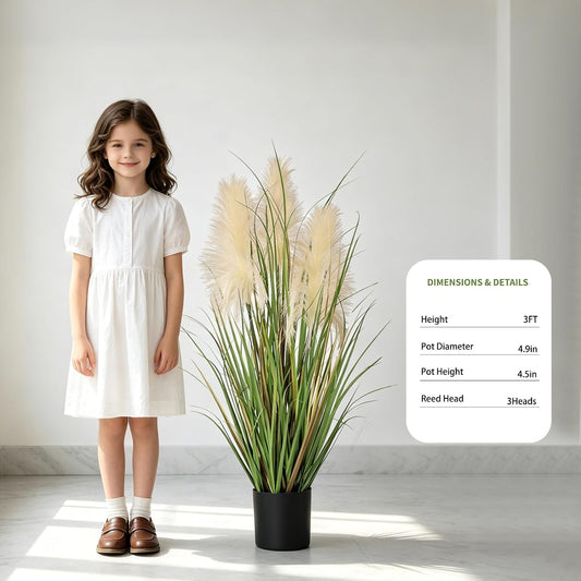 3ft Artificial Pampas Cattail Reed Grass Potted,35in Boho Fake Onion Grass Plant Indoor Outdoor,Home Garden Office Wedding Decor, Faux Greenery Housewarming Gift