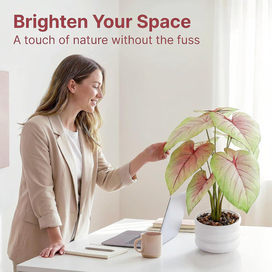 Faux Caladium Bicolor Plants in White Pot, 15.7" Tall Fake Alocasia Potted Set for Home Decor Hyper Artificial Realistic Plants for Indoor & Outdoor Decor (Green & Pink)