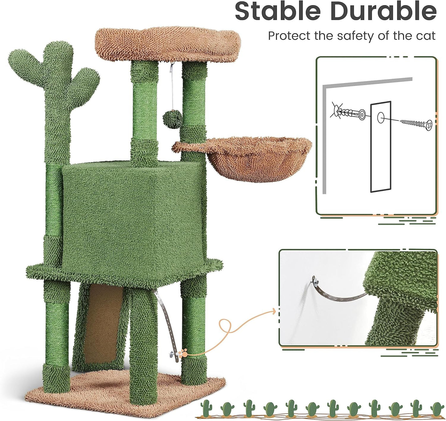 42″ H Cactus Cat Tree,Cute Cat Tower w/Scratching Posts,Indoor Cats Furniture Pet Activity Center Play House w/Platform/Condo/Basket&Hanging Ball