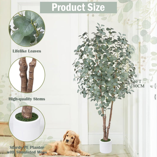 6FT Faux Eucalyptus Tree with White Pot for Indoor Outdoor Decor