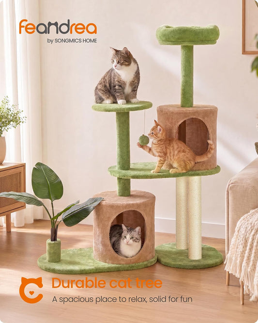 Feandrea Cat Tree, 68.1-Inch Tall Cat Tower, Multi-Level Plush Condo with Artificial Leaves, 3 Scratching Posts, 2 Pompoms with Bells, Grass Green and Camel Brown UPCT330C01