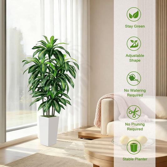 5FT Fake Plant Artificial Dracaena Tree Indoor - Faux Plants Indoor Tall with White Planter - Fake Tree Floor Plant Artificial Plants Decor for Living Room Office
