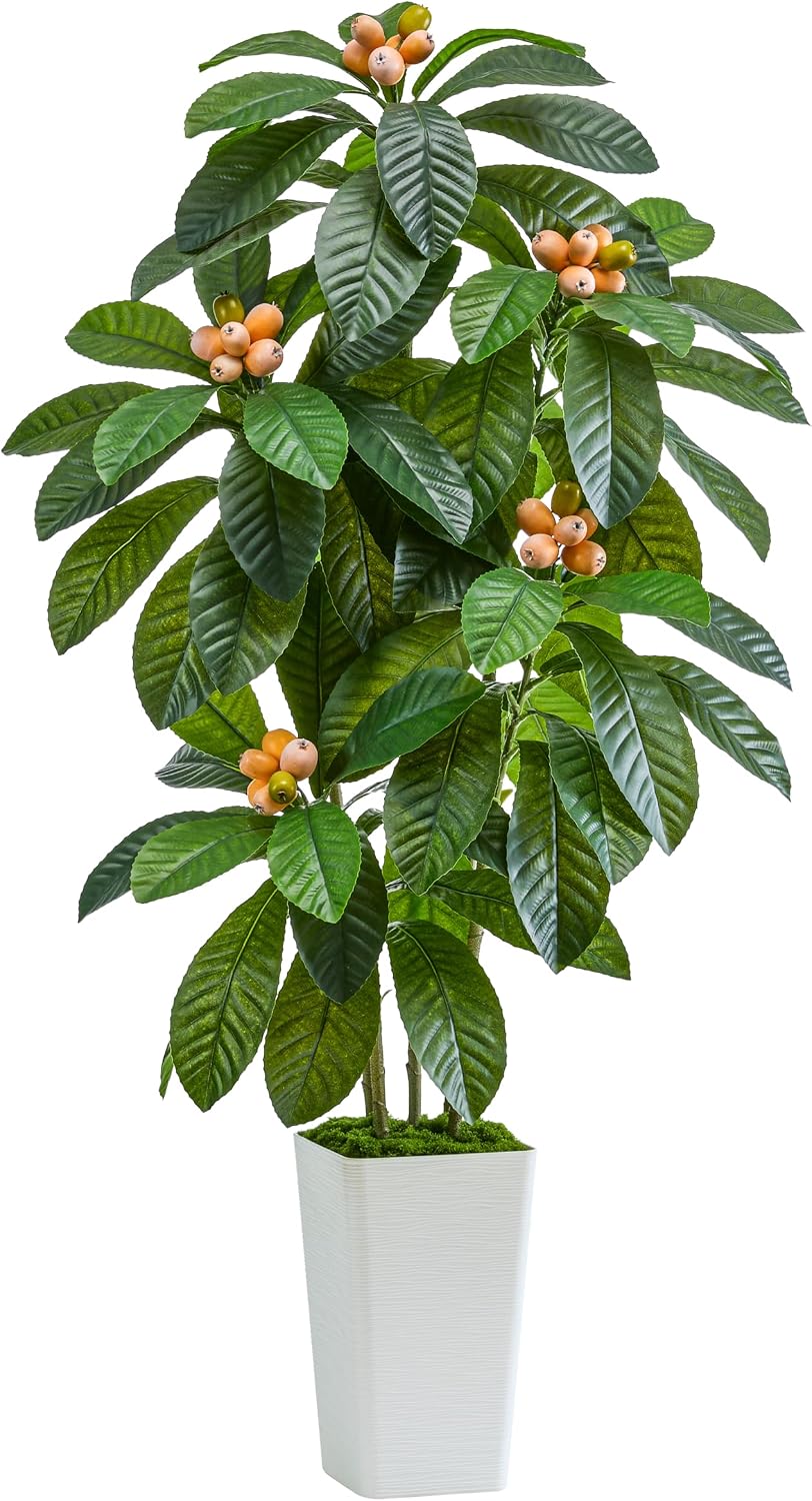 Artificial Fruit Tree 5FT, Fake Loquat Tree Indoor with White Tall Planter, Realistic Faux Japanese Medlar Tree with Lifelike Fruit for Living Room Office Entryway Decor