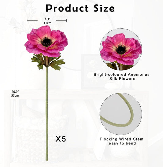 5Pcs Anemone Flowers Artificial Silk Flowers 20.9" Hot Pink Faux Flowers Realistic Fake Flowers for Decoration Faux Poppies Anemone Artificial Flowers Bulk for Vase Centerpieces Home Wedding Bouquet