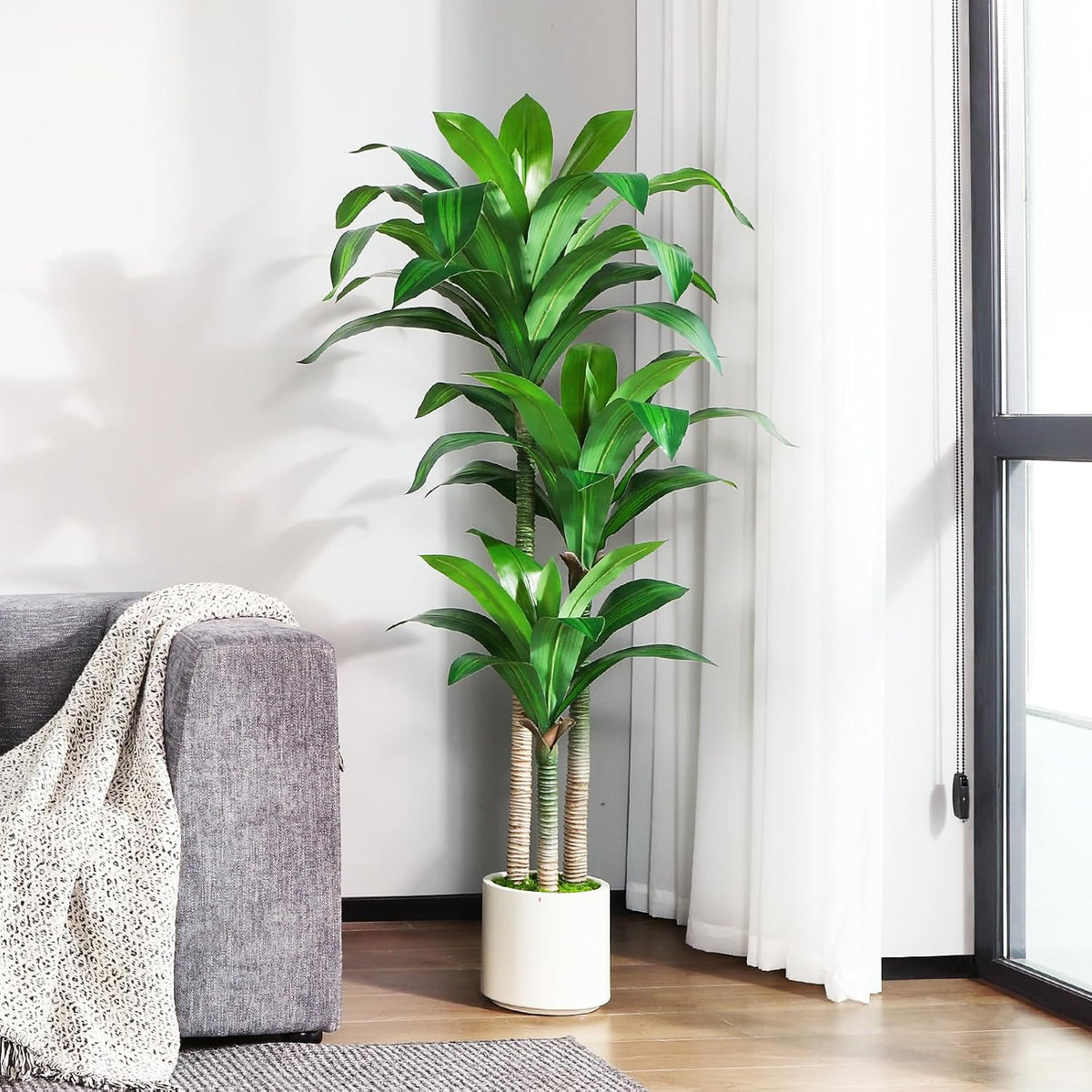 Artificial Dracaena Tree 6ft, Tall Fake Dracaena Plants with White Planter, Faux Dragon Tree Indoor Floor Plant for Home Decor Office Living Room Porch Housewarming, 1Pcs