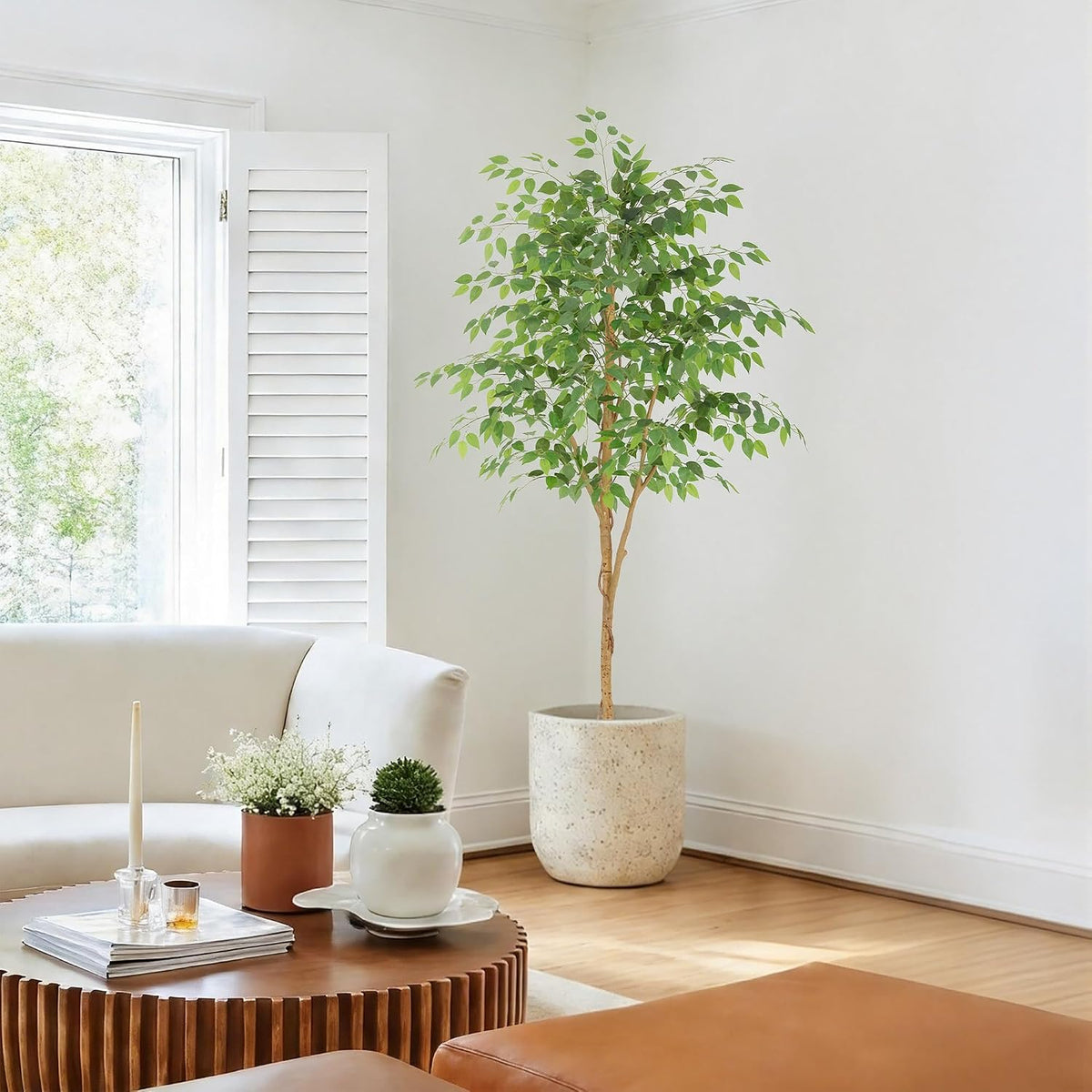 6ft Artificial Ficus Tree with White Decorative Planter & Multiple Real Wood Trunks, 72in Fake Ficus Tree with Lifelike Leaves, Faux Ficus Tree for Living Room Bedroom Office Decor