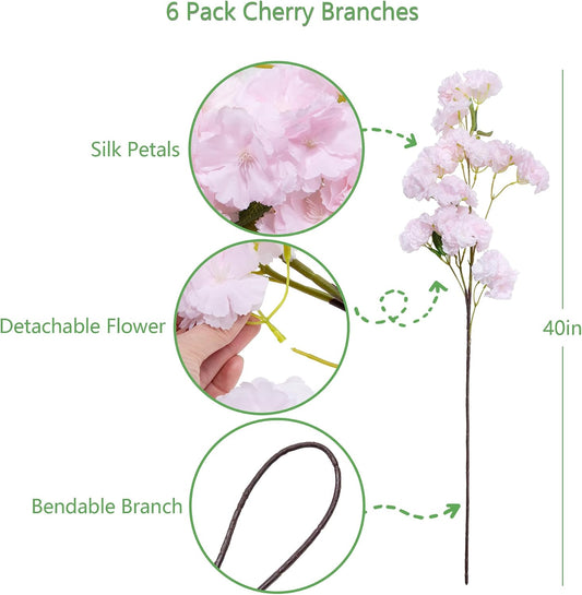 6 PCS 39-inch Cherry Blossom Artificial Flowers, Artificial Elongated Cherry Blossom Stems, for Home Decoration, Wedding Decoration, Indoor/Outdoor Decoration, Party Decoration, Table Decoration