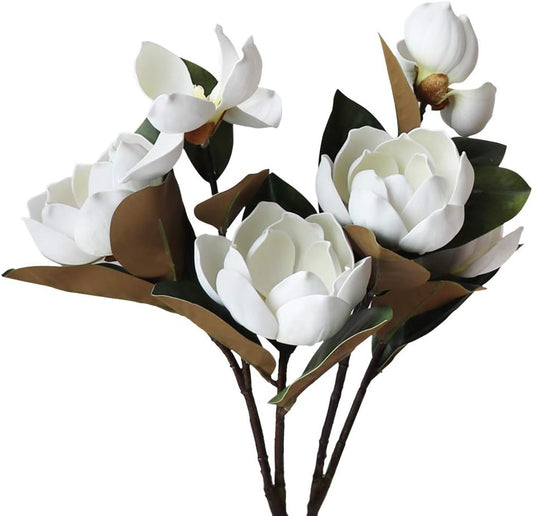 Vintage Artificial Magnolia Flower White 6 Heads,Long Stem Magnolia Bouquet with Green Leaves Arrangement for Home Office Living Room Bedroom Floor Vase Decoration