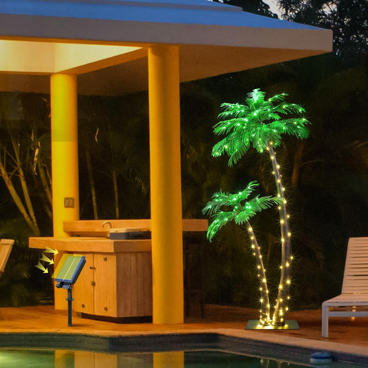 Gorgeous Artificial Lighted Solar Palm Tree 4FT&6FT Office Decor, 184LED for Outside Patio Home Party Garden Nativity