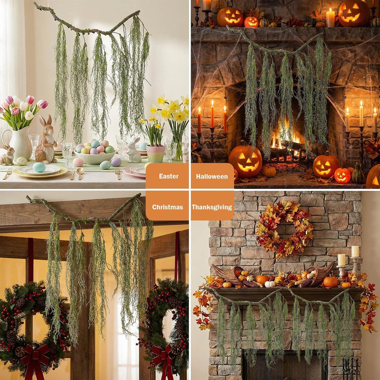 63inch Curly Faux Weeping Willow Tree Branches Hanging Moss Halloween Decor | Artificial Twisty Wood Curtain Spooky Fall Long Vine Green Twigs Garland For Wall Jungle Fireplace Patio Porch Decoration