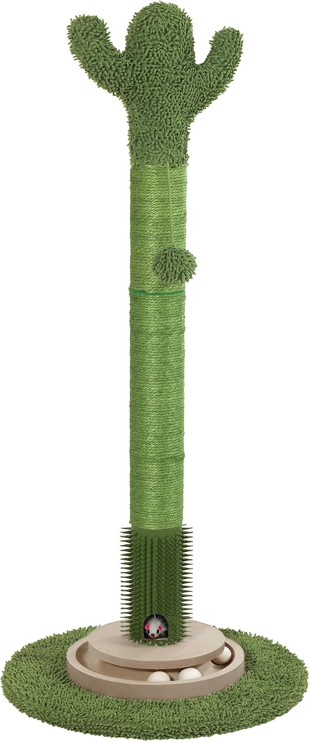 40" Cactus Cat Scratching Post, Natural Sisal Rope Cactus Cat Scratcher with Hanging Ball, Heavy-Duty Base Cactus Cat Tree with Mouse Hole & Ball Track & Grooming Brush