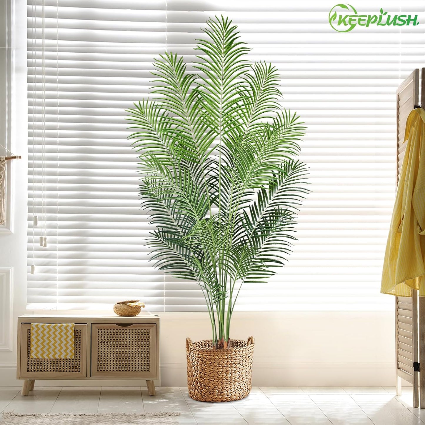 Artificial Palm Tree 6ft Tall Fake Palm Tree Indoor Decor with 18 Leaves and Real Bark Design Faux Tropical Areca Palm Silk Floor Plant in Pot for Home Office Living Room Bedroom Decor 1pcs