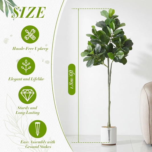 Thiccywoov 1 Pack Artificial Fiddle Leaf Fig Tree with Ground Spike, 6ft Tall Fake Plants Without Vase Realistic Leaves Faux Tree for Indoor Outdoor Front Porch Garden