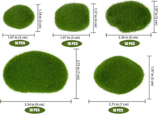 50 Pcs 5 Size Artificial Moss Rocks Decorative, Faux Green Moss Decor Balls for Floral Arrangements, Fairy Gardens and Crafting
