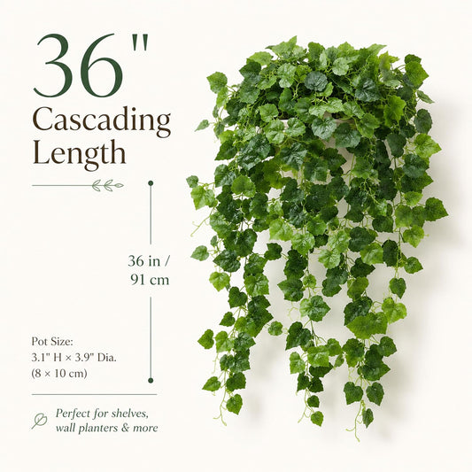 36" Faux Hanging Ivy Plant in Minimalist White Pot, Fake Pothos Artificial Hanging Plant with 168 Lush Leaves & Pebble Topping, Fake Greenery for Shelf Bathroom Office Decor, 1 Pack