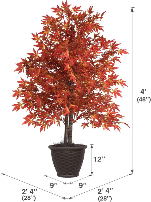 Everyday - 4' Indoor Artificial Orange Maple Bush - Real Tag Alder Trunks - Decorative Rattan Basket - Lifelike Home Office Decor - Faux Indoor Potted Bush