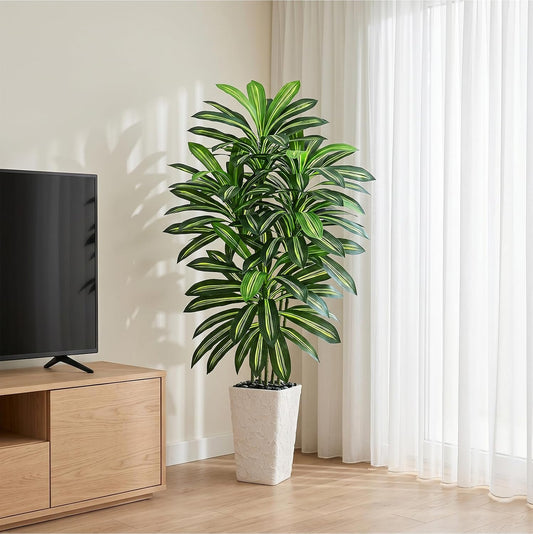Artificial Dracaena Tree 5FT, Fake Tree with White Tall Planter